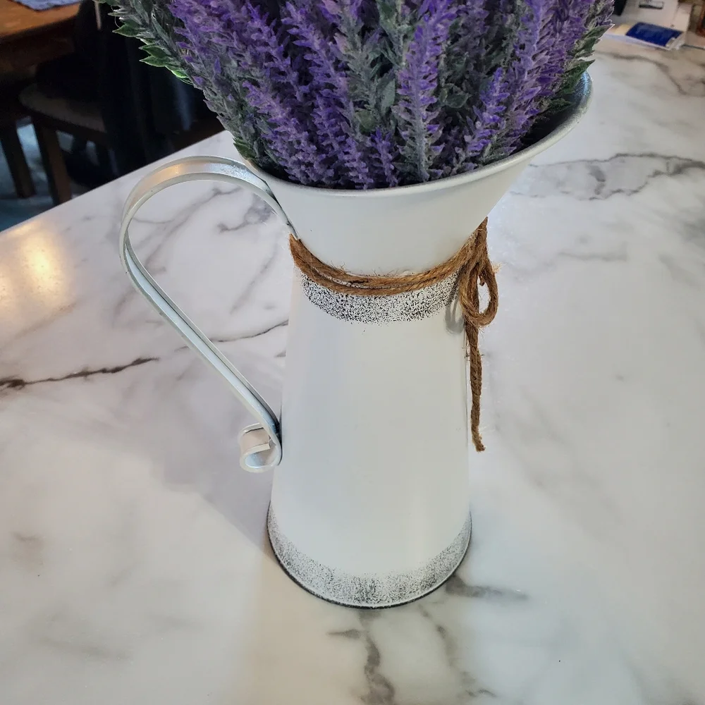 Lavender Artificial Flowers in Decorative Flower Pitcher